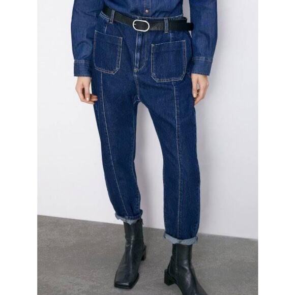 Zara blue denim front pockets size 8 harem pants jeans trendy - Picture 7 of 8